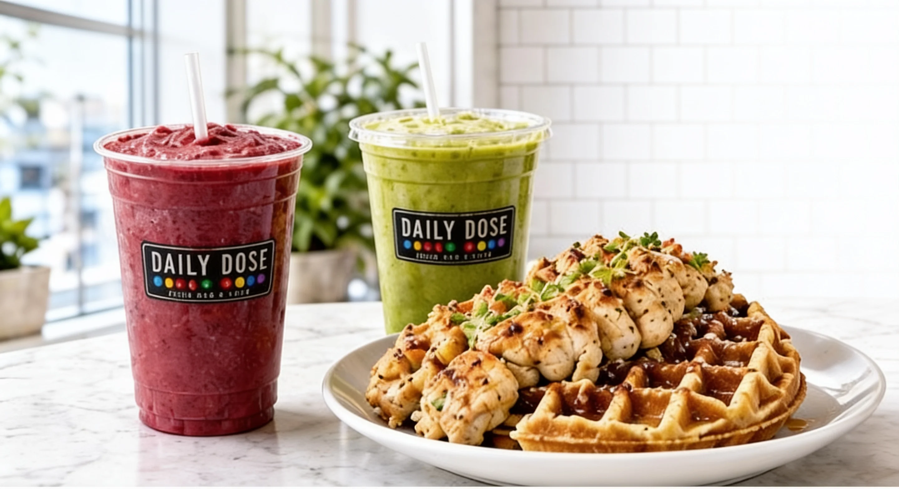 Daily Dose smoothies and a savory chicken waffle